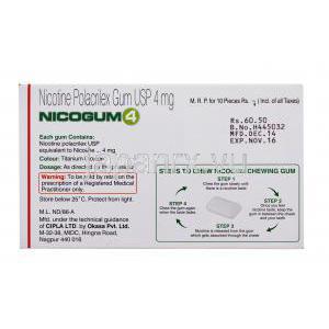 Nicogum4,　ニコチン代替療法用ガム 4mg, ミント味，箱裏面,使用量,保存方法,注意事項