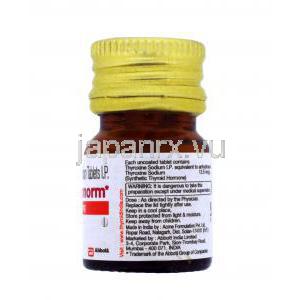 チロノーム，チロキシンナトリウム　25mcg,瓶側面,注意事項,使用量,保存方法,インド製,　製