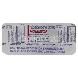 ジェネリック・モティリウム, Vomistop、ドンペリドン 10mg 錠 (Cipla ) 包装 情報