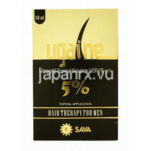 ウゲイン，　ミノキシジル 5％ 60ml, 製造元：Sava Healthcare　箱表面