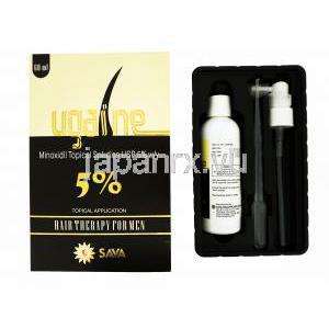 ウゲイン，　ミノキシジル 5％ 60ml, 容器,スプレーノズル,スポイト,　製造元：Sava Healthcare　箱,