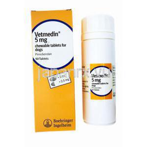 ベトメディン，ピモベンダン 5mg チュアブル錠,　製造元：　Boehringer Ingelheim, 箱,ボトル表面