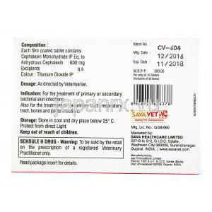 セファベット, セファレキシン 600mg, 犬猫経口薬,1シート10錠入り,　シート裏面情報,製造元
