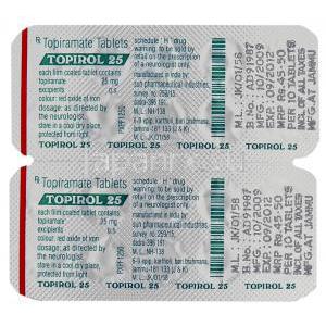 トピロール Topirol, トピナ ジェネリック, ト ピラマート25mg 錠 (Sun Pharma) 包装裏面