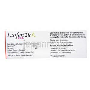 リオフェンXL, バクロフェン徐放薬カプセル,20mg, 箱裏面情報