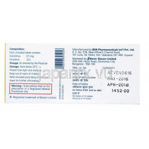 アヴァカン,エベロリムス,製造元：BDR Pharmaceuticals,箱裏面