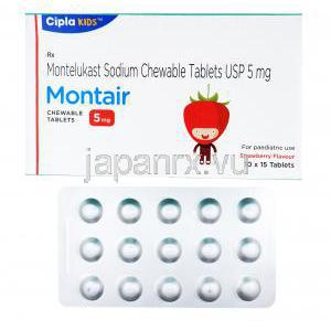 モンテア, モンテルカストナトリウム チュアブル錠,5mg, 製造元：Cipla,子供用,箱,シート表面