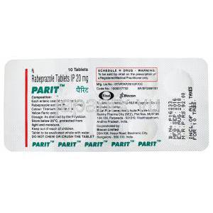 パリット  ラベプラゾールナトリウム シート裏面,製造元：Eisai Pharmacheutical India