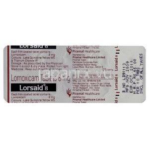 ロルノキシカム（ロルカムジェネリック）, Lorsaid, 8MG 錠 (Piramal) 包装裏面