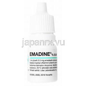 Emadine, Emedastine Eyedrops, 0.05% 5ml, Bottle front presentation with information