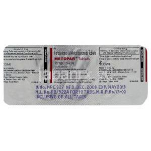 アセトアミノフェン/メトクロプラミド, メトパー METOPAR 500mg/ 5mg 錠 (COSME FARMA) 包装裏面