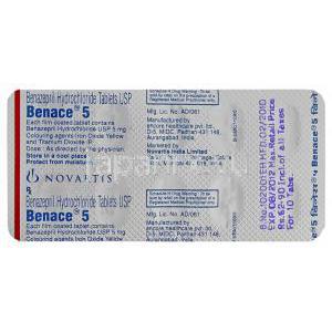 ベナゼプリル(チバセンジェネリック),Benace, 5mg 錠  (Novartis) 包装裏面
