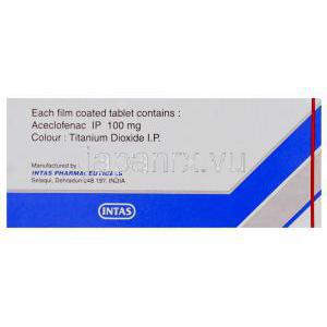 アセクロフェナク, Hifenac, 100mg 錠 (Intas) 成分
