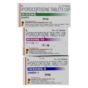 ヒドロコルチゾン (コートリルジェネリック), Hisone, 5mg /10mg /20mg 錠 (Samarth) 箱