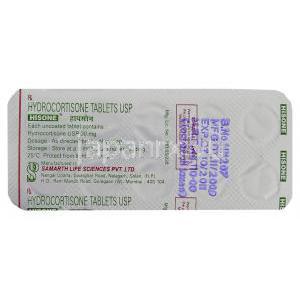 ヒドロコルチゾン (コートリルジェネリック), Hisone, 20mg 錠 (Samarth) 包装裏面