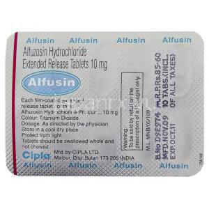 アルフゾシン, Alfusin, 10mg 錠 (Cipla) 包装裏面