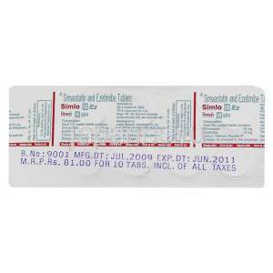 シムロEZ Simlo EZ, バイトリン ジェネリック, エゼチミブ・シンバスタチン合剤 10mg/10mg 錠 (IPCA) 包装裏