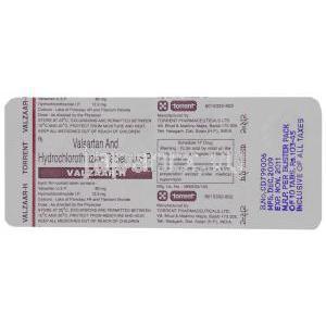バルサルタン・ヒドロクロロチアジド配合, バルザーＨ Valzaar-H  80/12.5mg 錠 (Torrent) 包装裏面