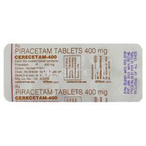 セレセタム Cerecetam, ミオカーム ジェネリック, ピラセタム 400mg 錠 (Intas) 包装裏面