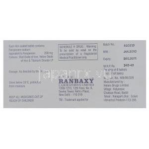 ファロネム Faronem, ファロム ジェネリック,  ファロペネム 200mg 錠 (Ranbaxy) 箱裏面