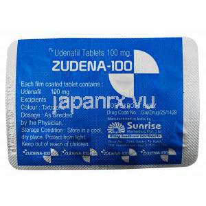 ザイデナジェネリック, ウデナフィル 100mg, 4錠,シート裏面情報