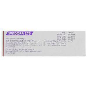 シンンドーパ Syndoopa , レボドパ・カルビドパ・配合250mg/25mg 錠 (Sun Phrma) 製造者情報