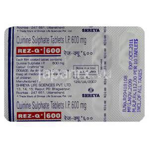 レズ-Q  Rez-Q, 硫酸キニーネ, 600mg 錠 (Shreya) 包装裏面