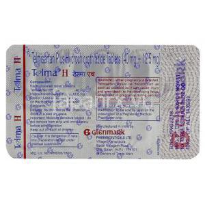 テルミサルタン/ヒドロクロロチアジド配合, Telma-H, 40mg/ 12.5mg錠 (Glenmark) 包装　情報