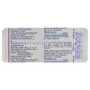 アゼプタ Axepta, ストラテラ ジェネリック, アトモキセチン 40mg 錠 (Intas) 包装裏面