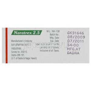 ナラトリプタン （アマージ  ジェネリック）, Naratrex, 2.5mg 錠 (Sun Pharma) 製造者情報