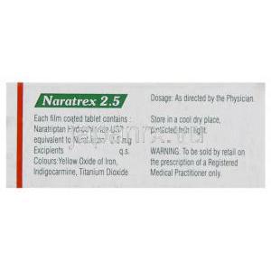 ナラトリプタン （アマージ  ジェネリック）, Naratrex, 2.5mg 錠 (Sun Pharma) 成分