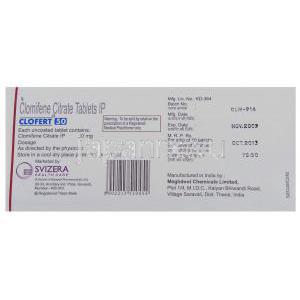 クロフェート Clofert, クロミフェン 50mg 錠 (Svizera) 箱裏面