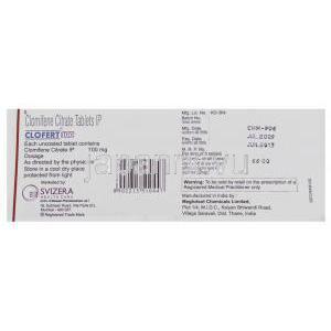 クロフェート Clofert, クロミフェン 100mg 錠 (Svizera) 箱裏面