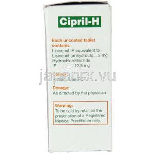 リシノプリル / ヒドロクロロチアジド配合, Cipril-H, 5mg/12.5mg 錠 (Cipla) 成分