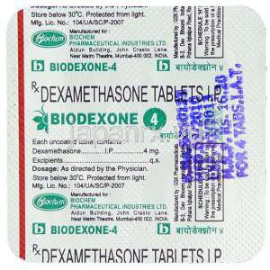 デキサメタゾン(コルソン / レナデックス ジェネリック). Biodexone, 4 mg 錠 (Biochem) 包装裏面