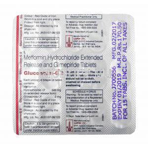 グルコノーム G (グリメピリド/ メトホルミン) 2mg 錠剤裏面