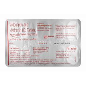 ゾメリス メット (メトホルミン/ ビルダグリプチン) 1000mg 錠剤裏面