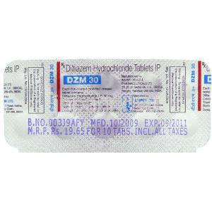 DZM, ジルチアゼム 30mg 錠 （Lupin） 包装裏面