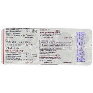 マイレン酸エナラプリル / ヒドロクロロチアジド配合 （Generic  Vaseretic）, Enapril-HT, 10mg/ 25mg 錠 (Intas) 包装裏面