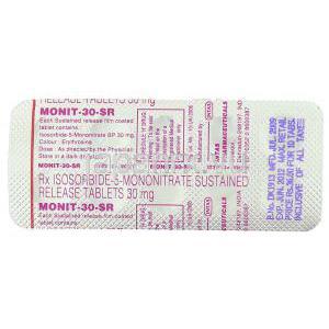 硝酸イソソルビド（アイトロール ジェネリック）, Monit 30MG SR 錠 (Intas) 包装裏面