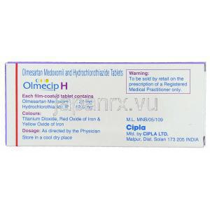 オルメシップH Olmecip H, オルメサルタン・ヒドロクロロチアジド配合 20mg 12.5mg 錠 (Cipla) 製造者情報