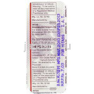 デプソル Depsol, イミドール ジェネリック, イミプラミン塩酸塩 25mg 錠 （Intas） 包装裏面
