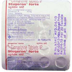 シンナリジン, Stugeron Forte, 75 mg 錠 (Johnson and Johnson) 包装