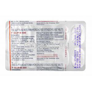ティーグリップ M (メトホルミン/ テネリグリプチン) 500mg 錠剤裏面