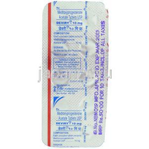 メドロキシプロゲステロン( ヒスロン/プロベラジェネリック), Deviry, 10mg 錠 (Elder) 包装裏面