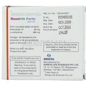 アーテメータ / ルメファントリン, Rezartin Forte, 80mg/ 480mg 錠 (Shreya) 情報