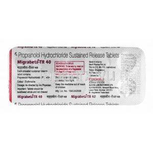 マイグラベータ,　プロプラノロール 40mg, 錠剤シート裏面