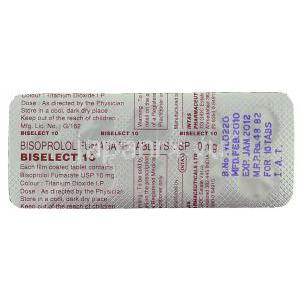 ビソプロロール (メインテートジェネリック), Biselect,  10mg 錠 (Intas) 包装裏面