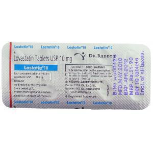 ロバスタチン, LOSTATIN, 10MG 錠  (DR.REDDY)　包装裏面
