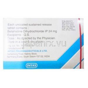 ゼバート 24 SR, ベタヒスチン　24mg, 製造元：インタス,箱裏面情報